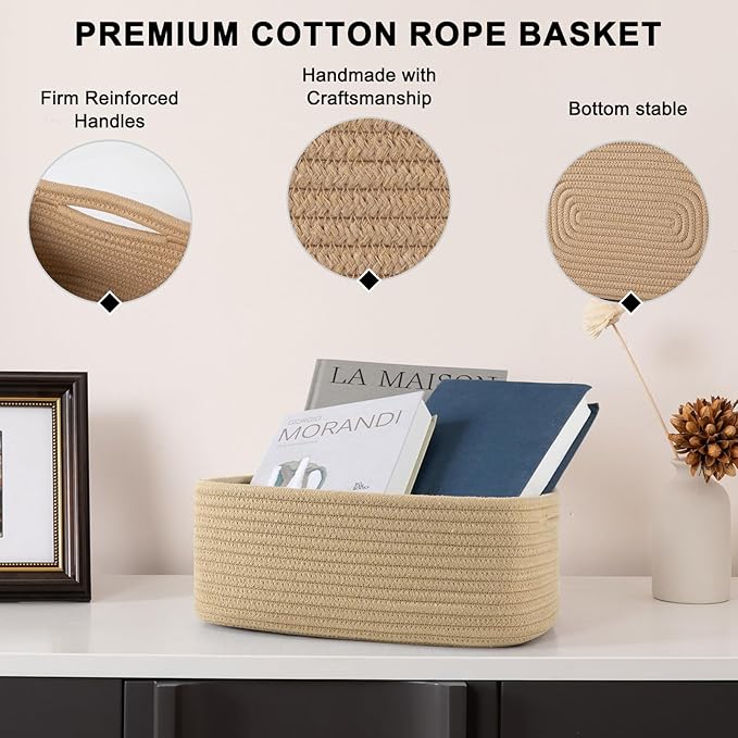 4 Pack Small Storage Shelf Baskets for Organizing, Mini Woven Rope Storage Bins for Towels, Cute Decorative Closet Organizer,Baby Nursery, Gift Empty Baskets -11.81''Lx7.87''Wx4.72''H-Jute