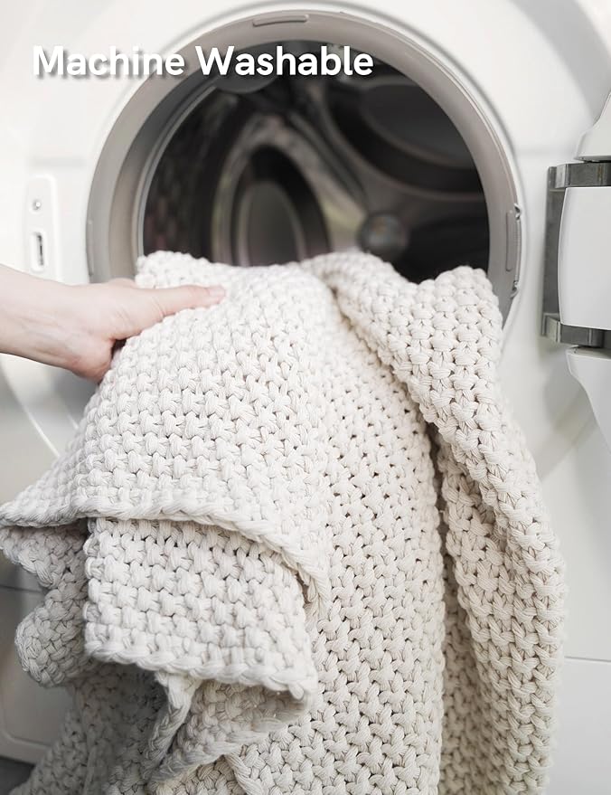 YnM Chunky Cotton Knit Throw Blanket, Cable Knit Throws for Bed Couch Sofa, Comfy & Relaxing, Decorative Piece for Farmhouse Modern Boho Rustic Scandinavian Chic Vibe, Beige 60x80 Inches