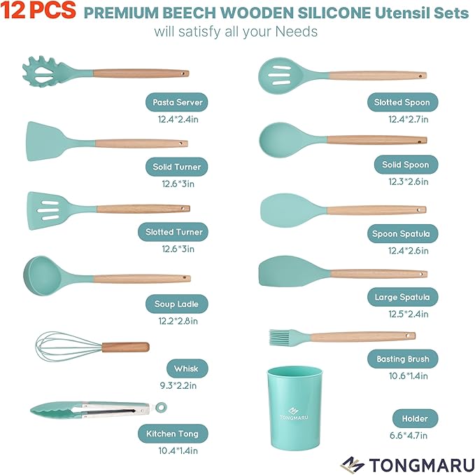Silicone Cooking Utensils Set, Premium Beech Wood Handle Kitchen Gadgets Utensil Set, Non-Stick Kitchen Utensils Spatula, Tongs, Turner, Whisk, Brush, Spoon, BPA FREE, 446°F Resistant (Mint)