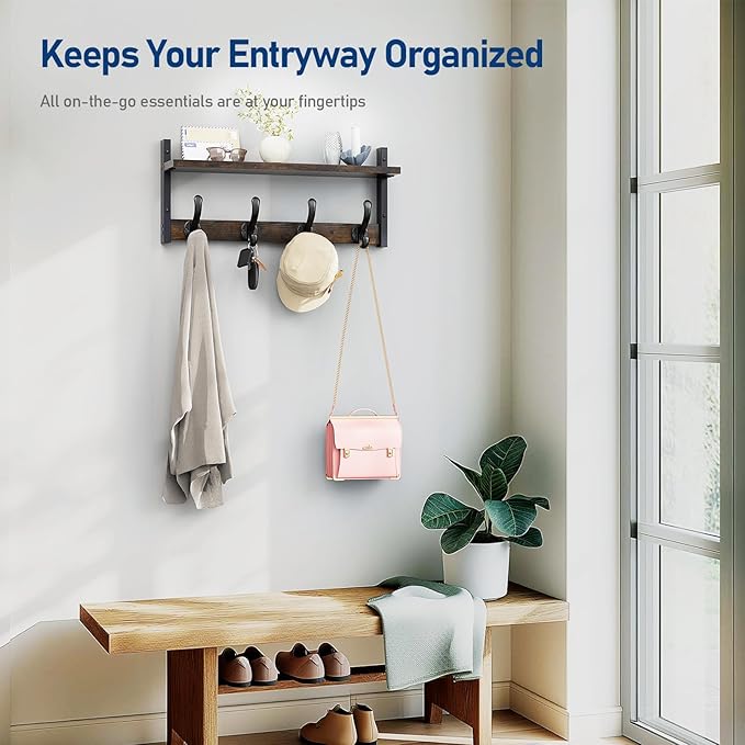 Tatub 20" Rustic Coat Rack Wall Mount with Shelf, Wall Hooks with Shelf, Heavy Duty Entryway Organizer Hangers for Hanging, Hat, Bag, Jacket for Bathroom, Living Room, Bedroom, Rustic Brown
