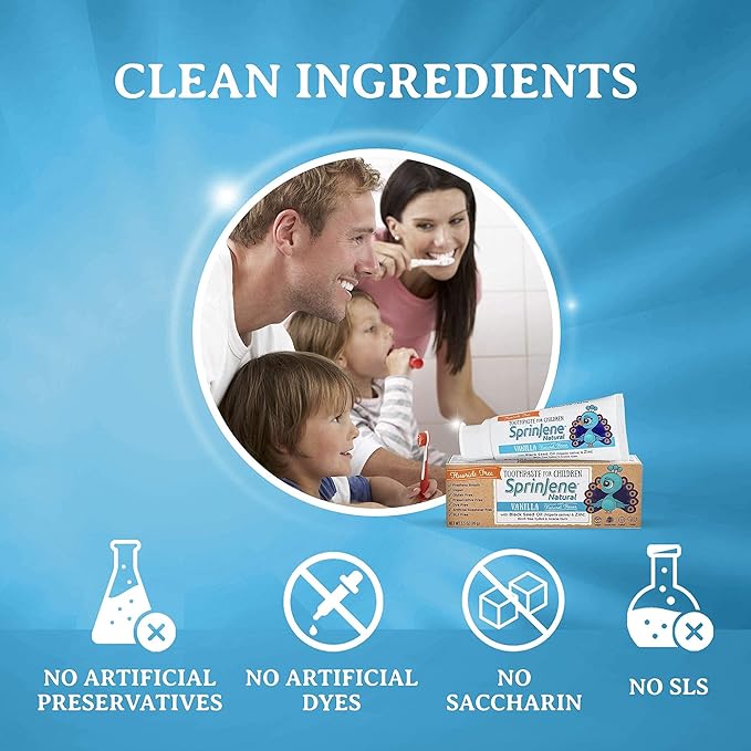 SprinJene Natural Kids Toothpaste, Vanilla | Natural Childrenโs Toothpaste | Fluoride Free Toothpaste for Toddlers | 4 Pack