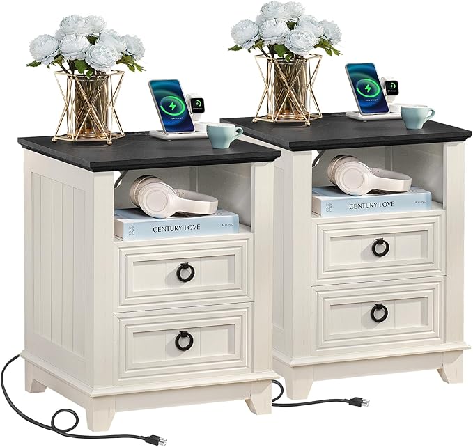 18" Farmhouse Night Stands Set of 2 with Charging Station, 2 Drawers End Table Dresser for Bedroom, Wooden Nightstand, Bed Side Table with Open Shelf, Bedside Cabinet for Living Room(White)