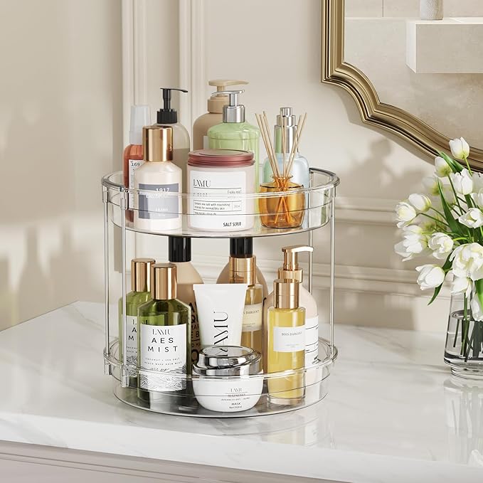 LAMU 2 Pack 2 Tier Lazy Susan Turntable Organizer 12inch Rotating Spice Rack Organization for Cabinet, Kitchen, Pantry, Countertop, Bathroom, Vanity, Medicine Cabinet Organizer, Clear