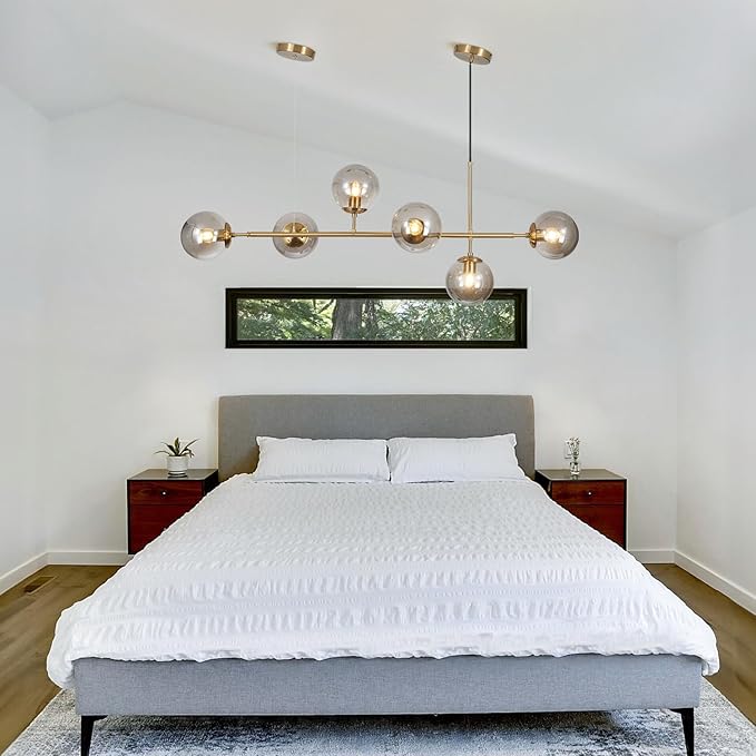 KCO Lighting 6-Light Modern Globe Sputnik Chandelier Brass Gold Linear Pendant Chandelier Lighting Smoke Glass Dining Room Chandelier Mid Century Sputnik Island Lights for Kitchen Living Room