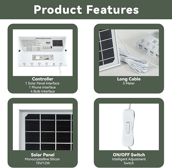 Solar Powered Indoor & Outdoor Pendant Lights with 4 LED Bulbs, Each 5m Cord, Waterproof, 6000mAh Battery for Yards, Gardens, Patios, Camping, RVs & Sheds