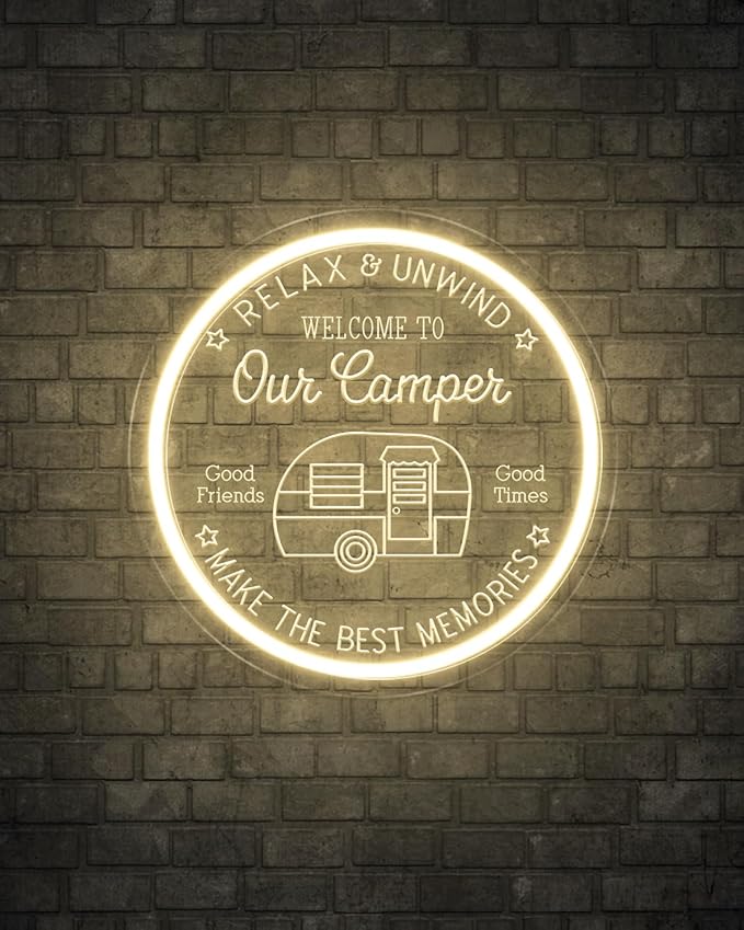 Camper LED Neon Sign for Camping Party Decor, Dimmable Neon Wall Lights Signs for Backyard Patio Garden BBQ Touring Car Decoration, 3D Art Light Up Sign for Housewarming Birthday Gifts