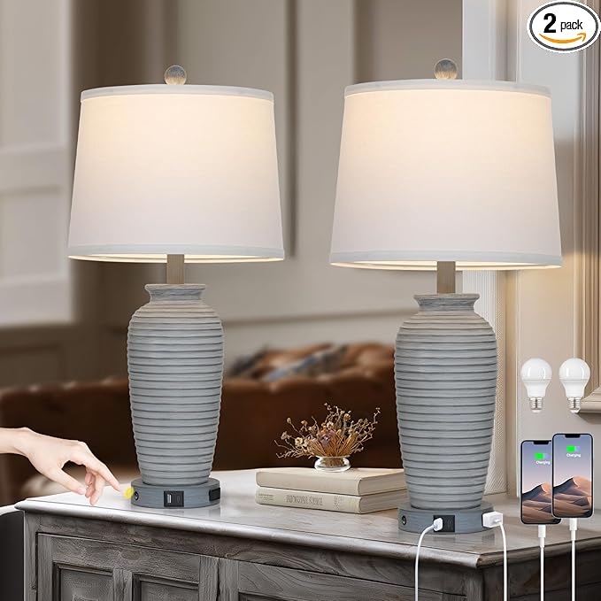 25" Farmhouse Jar Table Lamp Set of 2 Vintage Rustic Lamps for Living Room, Resin Bedside Nightstand Lamps with Linen Lampshades, Retro Pot Lamp for Living Room, Bedroom(LED Bulbs Included)