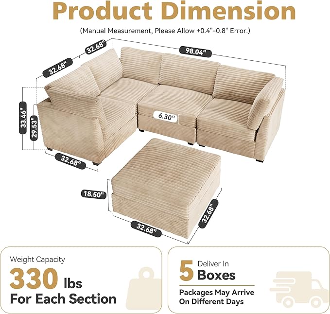 Modular Sectional Sofa with Chaise, U-Shaped 5-Seater Cloud Couch for Living Room, Plush Corduroy Fabric, Includes Movable Ottoman, Beige