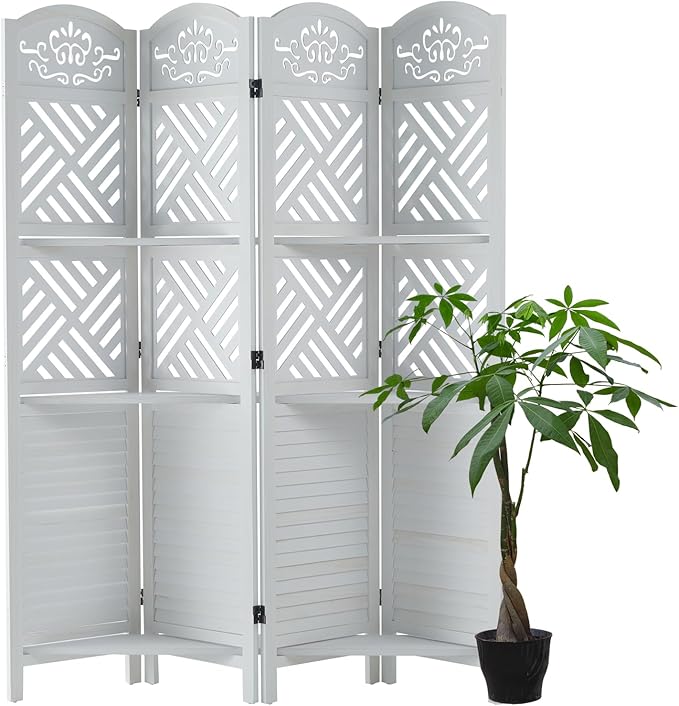 Room Divider with Shelves, 68.9inch Wood Carved and Louvered Wall Divider Freestanding, 4 Panels Folding Partition Screen for Bedroom Home Office (White)