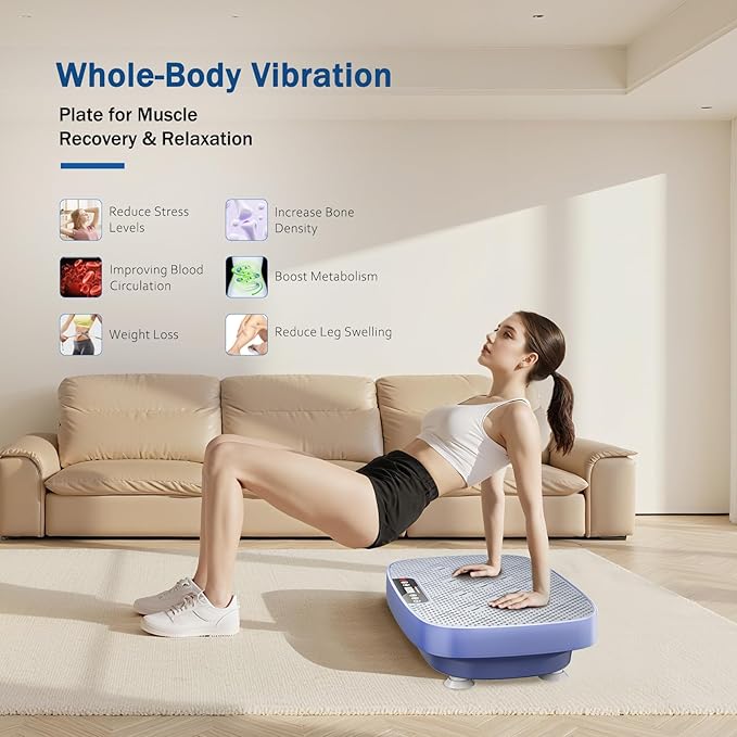 Vibration Plate Exercise Machine, Ultra-Quiet Vibration Plate for Lymphatic Drainage & Body Toning, Whole Body Vibration Platform with Bluetooth, Resistance Bands, Home Gyms Equipment