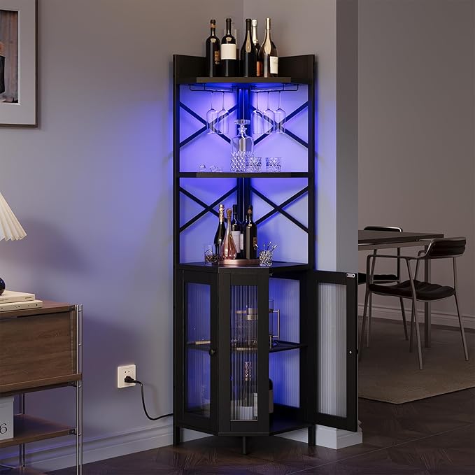 Corner Bar Cabinet with Power Outlet, 5-Tier Corner Wine Cabinet with Led Strip and Glass Holder, Industrial Tall Liquor Cabinet Bar Wine Rack for Home,Black