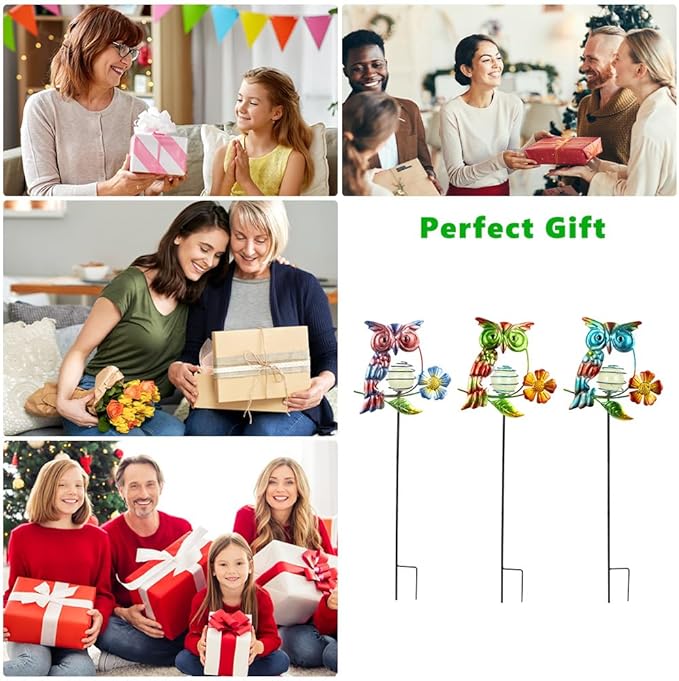 Set of 3 Owl Decorative Garden Stakes,Glow in The Dark Metal Yard Art,Waterproof Stakes Decorative for Outside,Metal Garden Decor for Mom,Women,Yard Lover