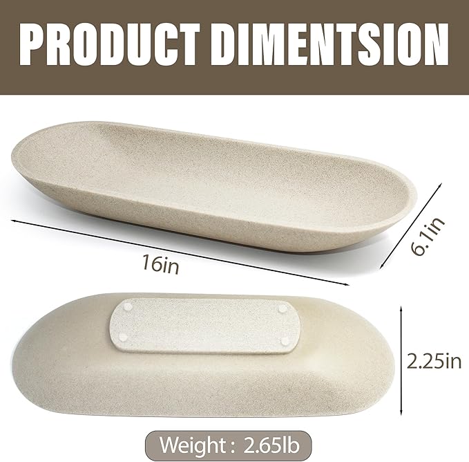 Large Decorative Bowl for Home Decor - Long Dough Bowl with Anti Slip Base for Table Centerpieces - Beige Minimalist Design Dough Decor Bowl for Coffee Table, Dining Table Centerpiece