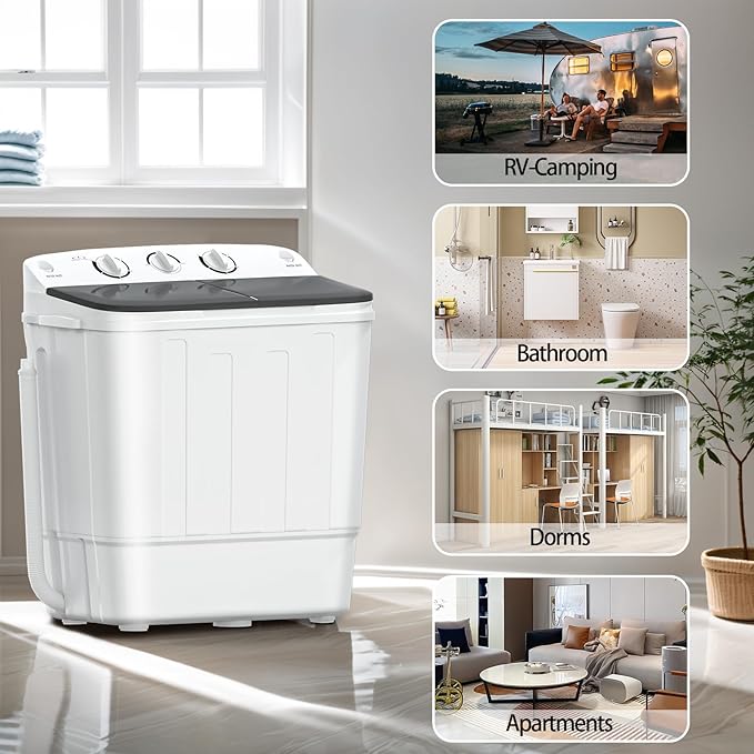 Portable Mini Twin Tub 18lbs Washing Machine With Drying Rack& 10 Hangers, 11lbs Washer & 7lbs Spinner, Small Laundry Washer with Time Control for Camping, Apartments, RV (18lbsBlack)
