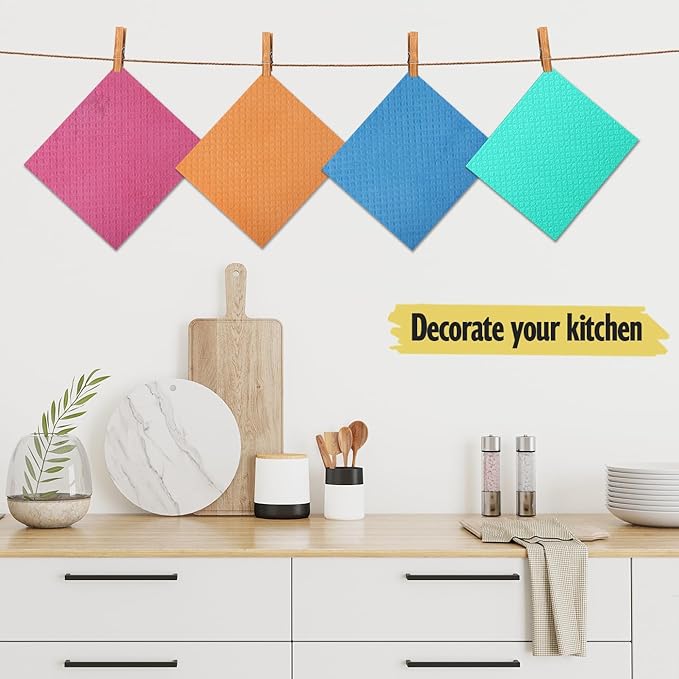 Swedish Dishcloths for Kitchen | 6 Pack Absorbent Cellulose Sponge Cloths Washable | Non-Scratch Reusable Paper Towels Quick Drying Cleaning Cloths - Orange