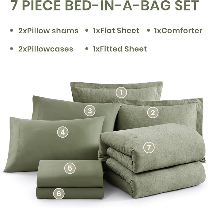 Monbix Queen Comforter Set - 7 Pieces Cationic Dyeing Sage Green Bed in a Bag Queen Bedding Sets with Comforter, Sheets, Pillowcases & Shams, Reversible Bedding Comforters Sets