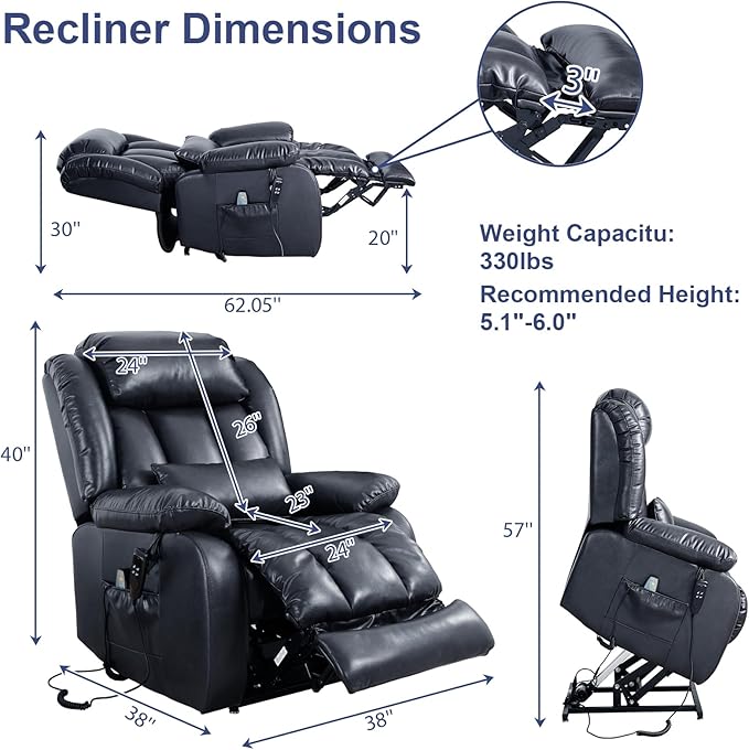 MAEVIS Large Genuine Leather Power Lift Recliner Chair, Dual Motor Recliner for Elderly,Extended Footrest and Lumbar Pillow for Tall Man,with Heat and Massage, USB and Type-C Ports(Deep Blue)