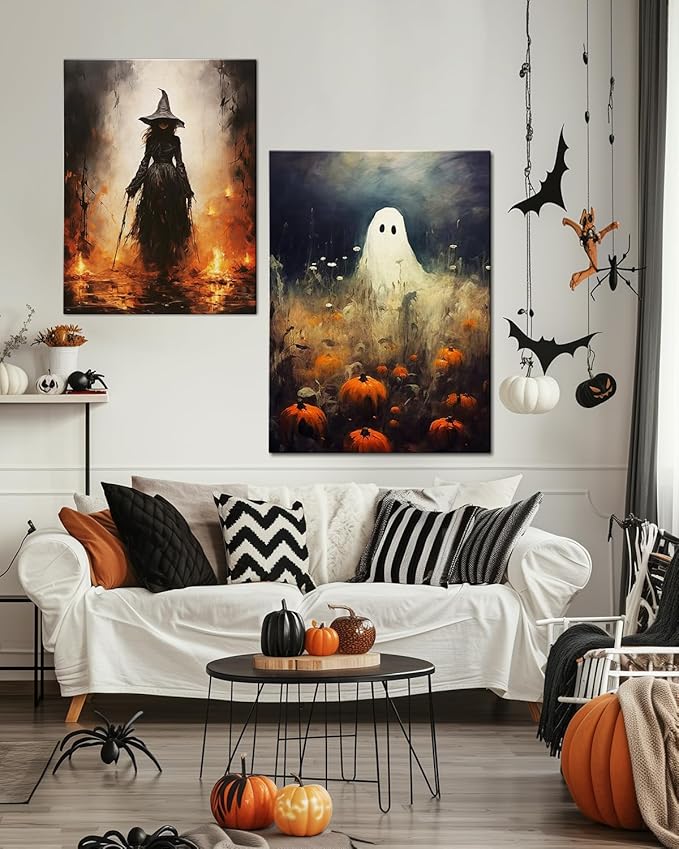 Halloween Canvas Wall Art, Spooky Ghost in Pumpkin Patch Poster, Vintage Gothic Fall Decor, Dark Academia Fall Decor for Living Room, Framed Indoor Halloween Decorations