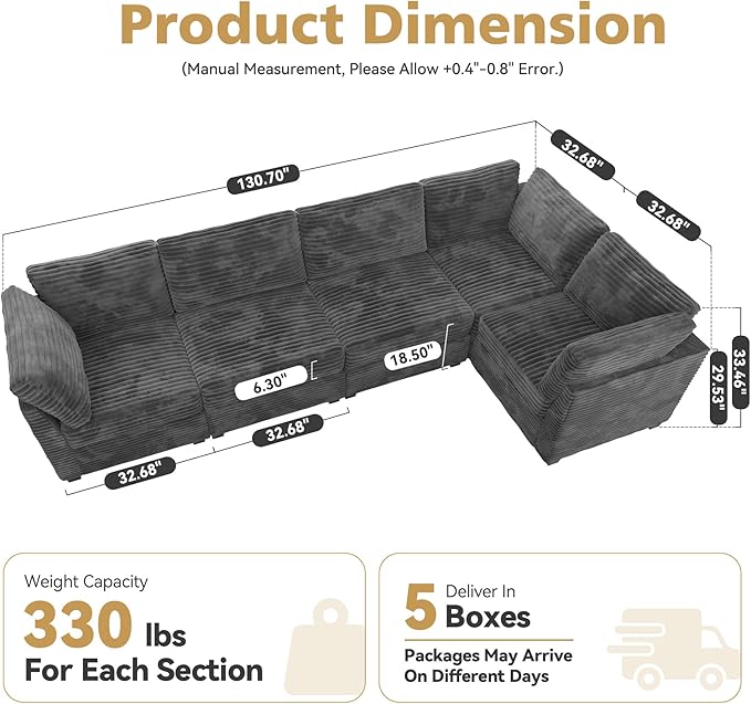 Modular Sectional Sofa with Chaise U Shaped Sectional Couch for Living Room, 5-Seater Comfy Cloud Couches, Plush Corduroy, Gray