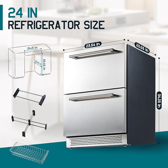 Albott 24 Inch Under Counter Drawer Fridge – Stainless Steel Beverage Refrigerator with Dual Drawers, LED Touch Control, Adjustable Storage, Frost-Free, Low Noise, 34-72℉, for Indoor or Outdoor Use