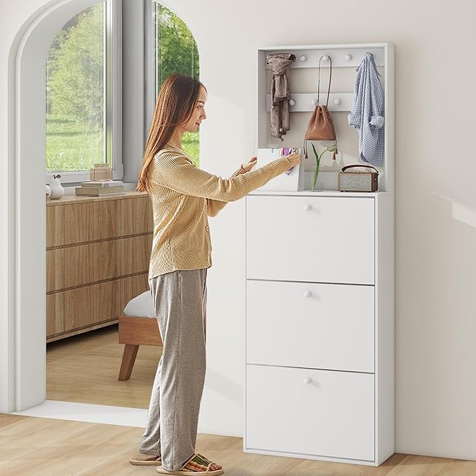 Shoe Storage Cabinet with 3 Flip Drawers, Narrow Shoe Cabinet with 9 Hooks Coat Rack, Freestanding Slim Shoe Storage Organizer for Entryway, Hallway, Entrance, Bedroom, Living Room, White