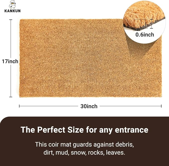 KANKUN Coco Coir Door Mat with Heavy Duty Backing, Welcome Doormat (17" x 30"), Doormat Entrance Anti Shedding (Plain - 2Pack)