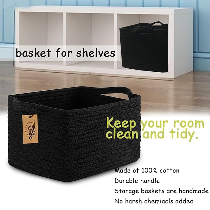 COMFY-HOMI 3PACK Cotton Rope Woven Basket With Handles for Shelves, Toy, Book, Cloth Storage Basket for Organizing|13.5" x 11" x 9.5" Decorative Nursery Cube Bin for Living Room(all Black)
