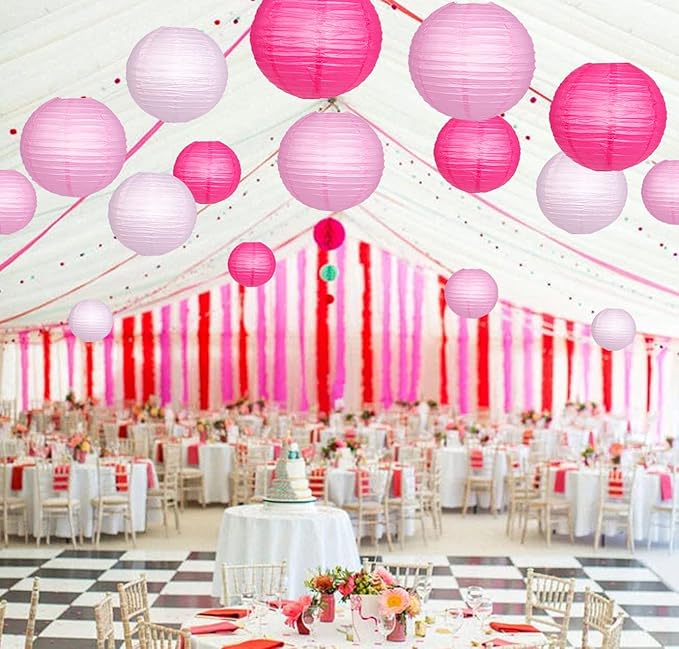 Paper Lanterns Decorative, Pink Hanging Round Chinese Lanterns with Lights for Engagement Bachelorette Birthday Party 12 LED Light Pack of 12