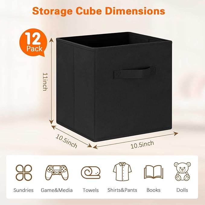 GhvyenntteS Storage Cubes 12 Pack, 11 Inch Cube Storage Bins with Dual Handles, Collapsible Heavy Duty Fabric Bins for Shelves Closet, Baskets for Organizing Clothes Bedding Toys Books (Black)