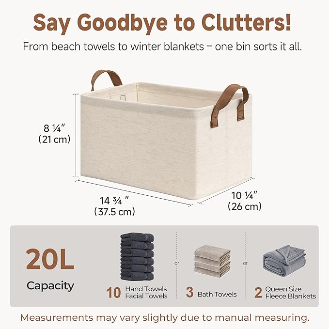 StorageWorks Storage Bins, Shelves Baskets for Organizing, Fabric Closet Organizers with Handles, Metal Frame, Beige(Cotton-linen), 2-Pack