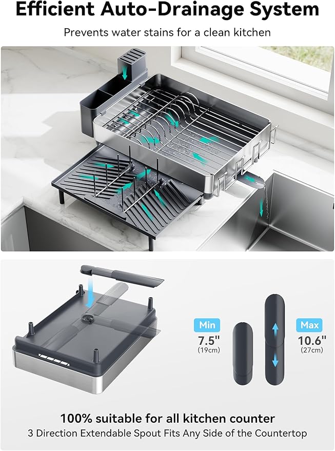 SUNLY Large Dish Drying Rack, Expandable Dish Racks for Kitchen Counter, Space Saving 304 Stainless Steel Drying Rack Kitchen, Extra Large Drainer with Multifunctional Flip Up Pegs, Gray