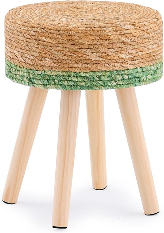 Handwoven Outdoor Ottoman, Water Hyacinth Pouf Round Patio Footstool with Wood Legs, 17-Inch Multipurpose Vanity Stool, Dining Chair, Patio Footrest for Balcony and Garden, Green