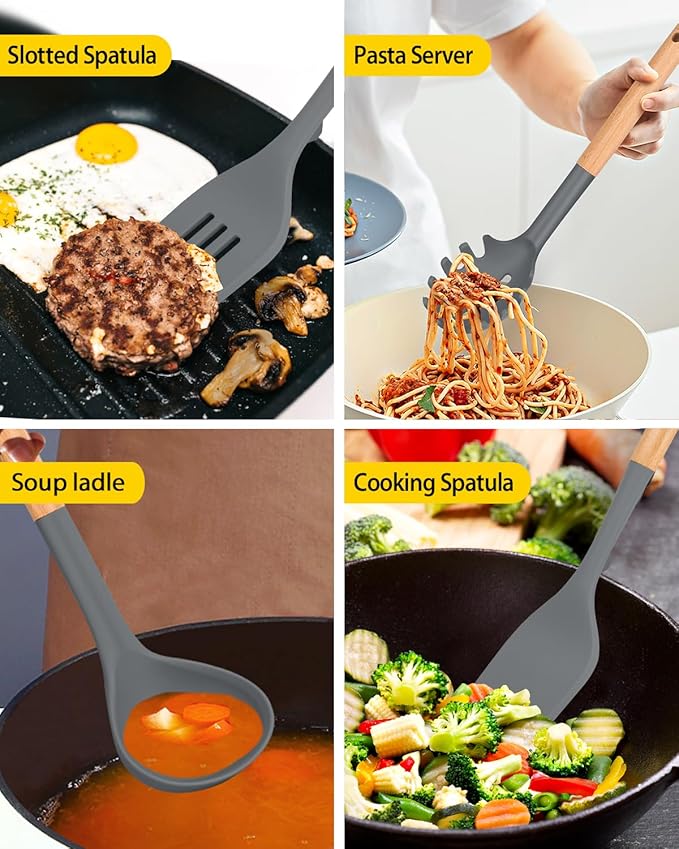 Silicone Kitchen Utensil Set for Non Stick Cookware, 7 Pcs Heat Resistant Cooking Utensils with Wooden Handle, BPA Free Kitchen Tools with Spatulas, Spoons, Skimmer and Pasta Fork (GRAY)