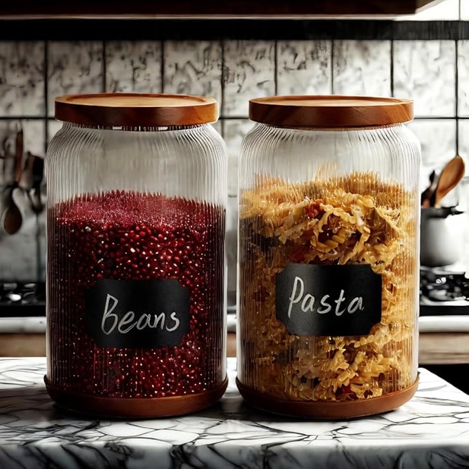 SAIOOL 2-Pack Striped Borosilicate Glass Airtight Canisters - Big mouth Large Capacity, Acacia Wood Lid, Food Storage Jars for Flour, Pasta, Pantry Organization (1 Gallon (2 Striped pack))