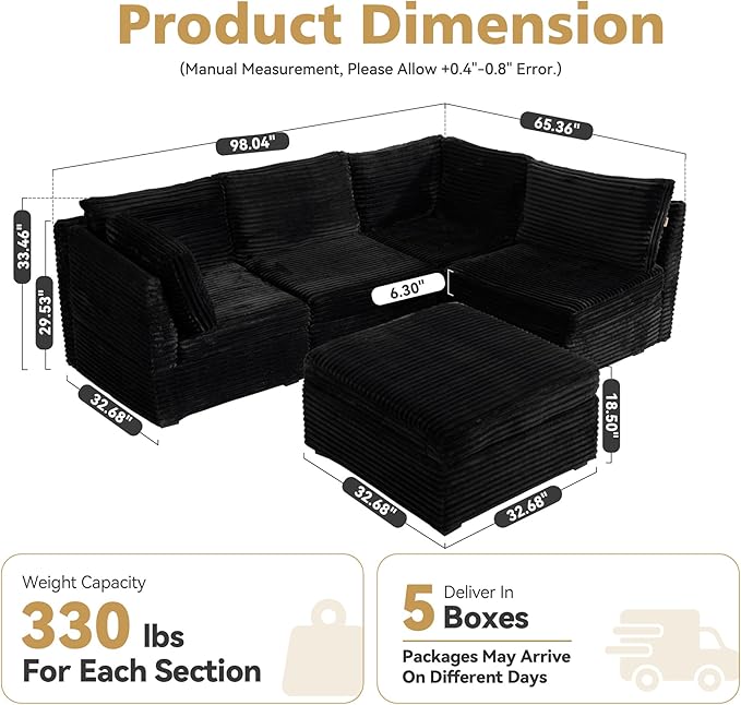Modular Sectional Sofa, 130.7" L Shaped Couch Set for Living Room, 4-Seater Comfy Cloud Couches with Movable Ottoman, DIY Combination, Plush Corduroy, Black