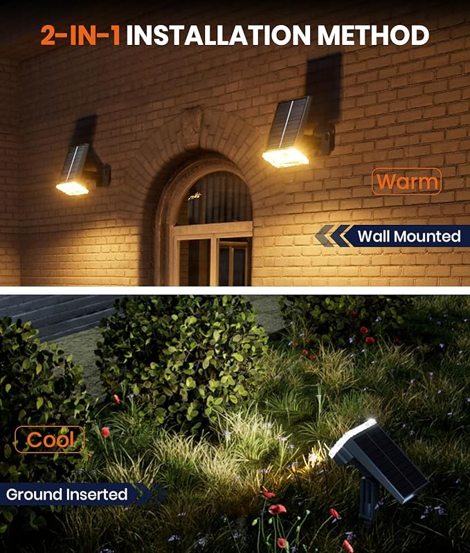Solar Powered Spotlights Outdoor 1 Pack,IP67 Waterproof Wall&Ground Solar Lights Outside,3 Colors+3 Modes,Dusk to Dawn Flood Lights for Driveway/Garden/Pathway/Tree/Patio/Yard Decor Landscape Lighting