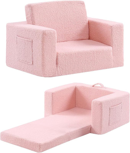 2-in-1 Toddler Chair Sherpa Couch - Soft Kids Lounger for Bedroom, Convertible Sofa for Girls and Boys, Reading Chair, Pink