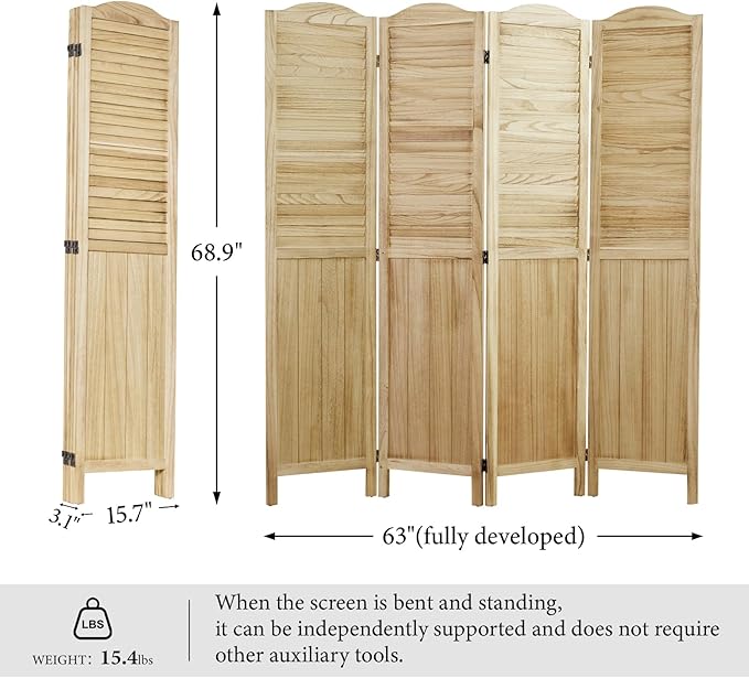 Room Partitions and Dividers, 68.9 Inch Temporary Wall with Double Hinges, Wooden Louver & MDF Stable Screens for Home Office Bedroom Coffeehouse Decoration (4 Panels, Wood Color)