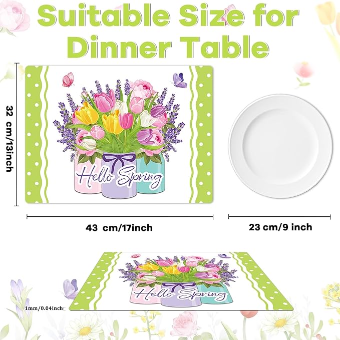 Spring Placemats Set of 6 Easter Plastic Table Mats Tulip Place Mats Washable Vinyl Flower Vase Spring Table Decoration for Indoor Outdoor Party Kitchen Dining