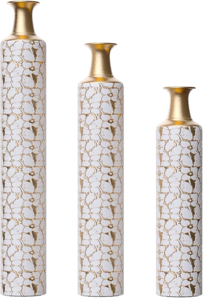 Medhansh Metal Floor Vase, Tall Floor Vase with Gold Twig Pattern, Antique White Finish (Set of 3)