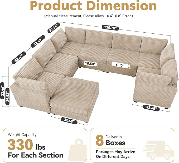 Modular Sectional Sofa with Chaise U Shaped Sectional Couch for Living Room, 8-Seater Comfy Cloud Couches with One Movable Ottoman, Plush Corduroy, Beige