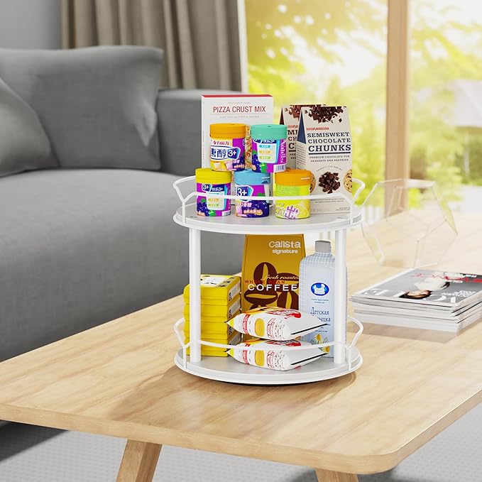 Lazy Susan Organizer 2 Tier - 9.2" Turntable Spice Rack for Table Top, Wooden Rotating Lazy Susan for Cabinet Pantry Kitchen Countertop Dining Table Cupboard Bathroom Vanity Storage(White)