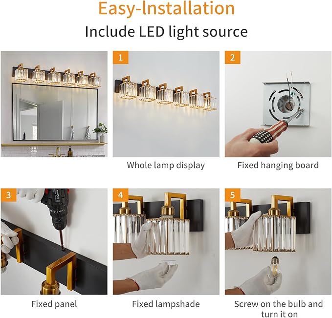 Modern Bathroom Vanity Light 6-Lights Black Gold Crystal Wall Lamp Bathroom Modern Crystal Vanity Lighting