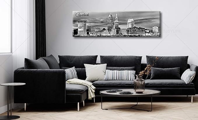 Cleveland Skyline Decor Wall Art Canvas Prints Black and White Night View USA Cityscape Panoramic Painting for Bedroom Office Framed and Ready to Hang 13.8"x47.3"