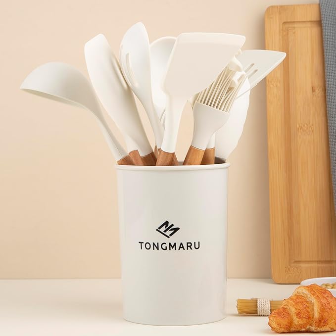 Silicone Cooking Utensils Set, Premium Beech Wood Handle Kitchen Gadgets Utensil Set, Non-Stick Kitchen Utensils Spatula, Tongs, Turner, Whisk, Brush, Spoon, BPA FREE, 446°F Resistant (White)