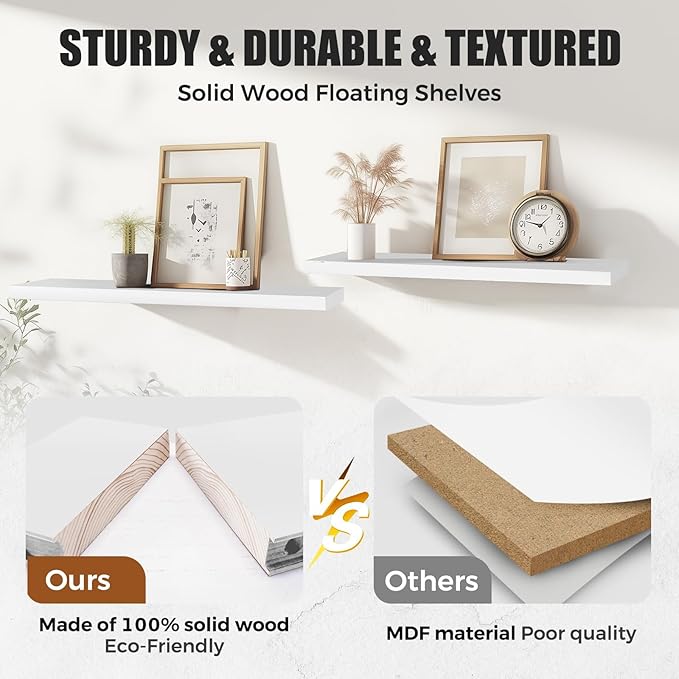 3-Pack Floating Wall Shelves, 24-Inch Rustic White Wooden Shelves for Storage and Décor, Easy Installation for Living Room, Bedroom, and Kitchen