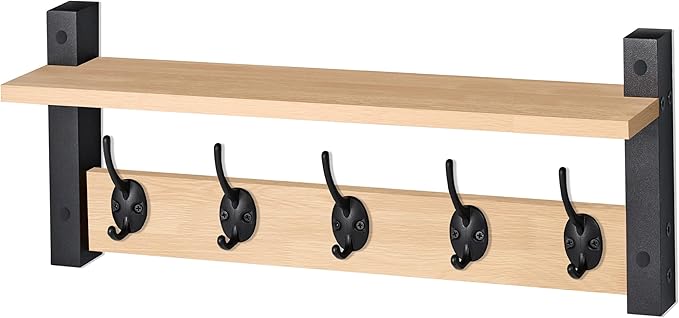 Sorbus Coat Hooks Wall Mount with Shelf – 24 Inch Coat Rack Wall Mount with 5 Heavy Duty Hooks – Floating Wall Shelf with Hooks for Entryway, Bathroom, Bedroom, Kitchen, or Mudroom (Maple Wood)