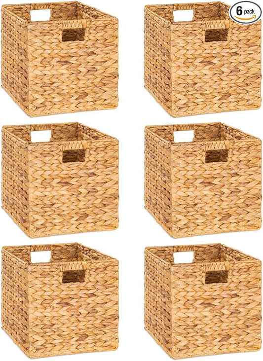 10.5 x 10.5in Wicker Storage Baskets for Shelves, Water Hyacinth Storage Baskets, Woven Baskets for Storage, Wicker Storage Basket for Bedroom, Living Room (6 Packs 10.5x10.5in)