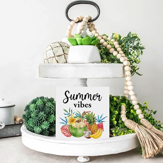 Oqtumes Summer Vibes Decorations Fruit Wooden Sign Rustic Home Decor 5 x 5 Inches