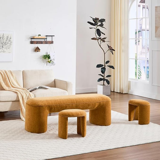 3-Piece 53" Comfy Upholstered Dining Bench with 2 Ottomans, Accent Waterfall Bench Modern End of Bed Entryway Bench Vanity Stool,Pumpkin Chenille